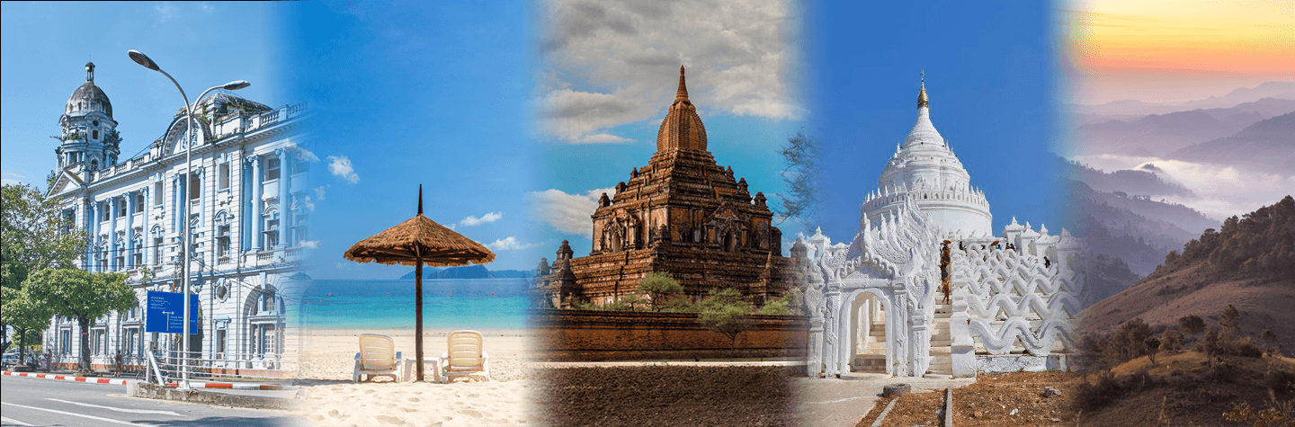 Image collage Yangon economic bank, Ngwesaung beach, Bagan pagoda, Mingun Mandalay Hsinbyume Pagod and Taunggyi Mountain valleys